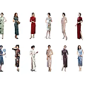 Group of Women Wearing Traditional Cheongsam With Various Colorful Styles