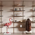 Modern Metal Frame Bookcase With Multiple Shelves Decorative Statues Vases And Flamingo Sculpture