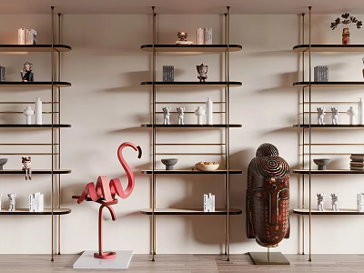 Modern Metal Frame Bookcase With Multiple Shelves Decorative Statues Vases And Flamingo Sculpture 3d model