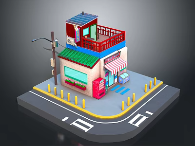 Small Street Shop Building With Green Roof Red Balcony Striped Awning Street Lamp And Bollards 3d model