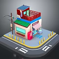 Small Street Shop Building With Green Roof Red Balcony Striped Awning Street Lamp And Bollards