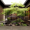 Villa Balcony Garden With Large Green Tree Stone Pond Rattan Chairs And Wooden Walls