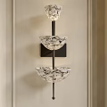 Elegant Three Tiered Wall Lamp With Textured White Shades And Black Metal Frame