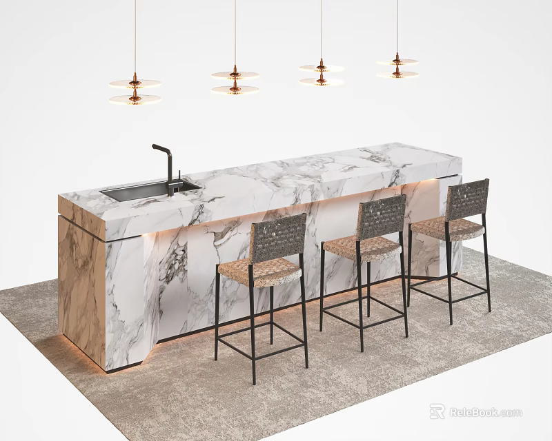 Modern Bar Counter With Marble Countertop Sink Faucet And Black Bar Stools Under Pendant Lights 3d model 