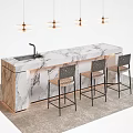 Modern Bar Counter With Marble Countertop Sink Faucet And Black Bar Stools Under Pendant Lights
