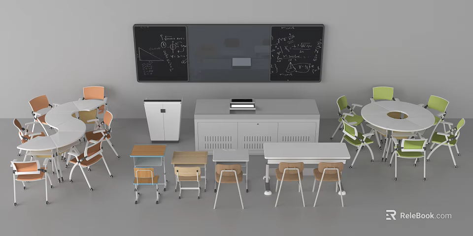 Classroom Desks Setup With Blackboard Colorful Chairs And Storage Cabinet 3d model 