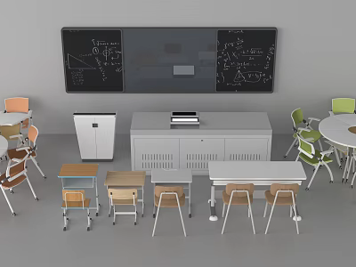 Classroom Desks Setup With Blackboard Colorful Chairs And Storage Cabinet 3d model