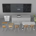 Classroom Desks Setup With Blackboard Colorful Chairs And Storage Cabinet