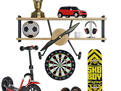 Sports Equipment Collection Featuring Soccer Ball Dartboard Scooter And Dumbbells On Display Shelf 3d model