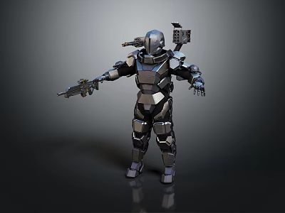 Detailed Futuristic Mechanical Armor Character Holding Weapon With Back Equipment Gear 3d model