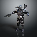 Detailed Futuristic Mechanical Armor Character Holding Weapon With Back Equipment Gear