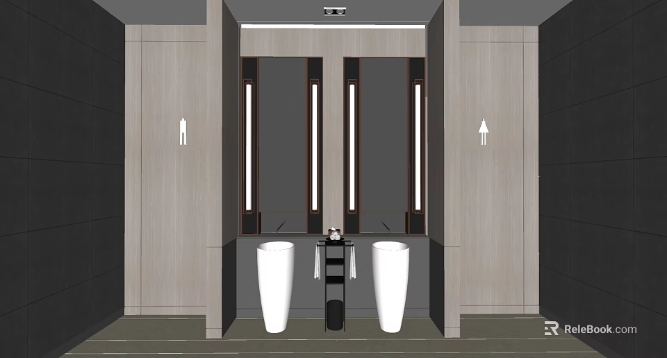 Hotel Bathroom Interior With Double White Vanities Mirrors And Wall Lighting 3d model