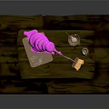 Wooden Table On Platform With Pink Object Cutting Board Knife Small Jars And Yellow Butter