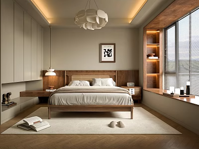 Modern Bedroom Interior With Wooden Headboard Bed Nightstands Wardrobes Chandelier Window And Rug 3d model