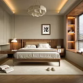 Modern Bedroom Interior With Wooden Headboard Bed Nightstands Wardrobes Chandelier Window And Rug