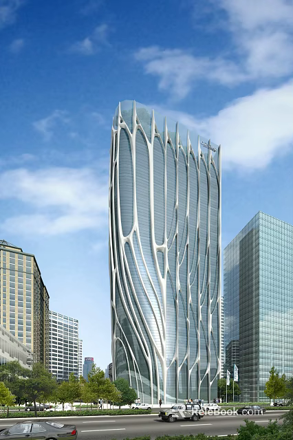 Modern Skyscraper With Unique Glass Facade Surrounded By Buildings Under Blue Sky 3d model 