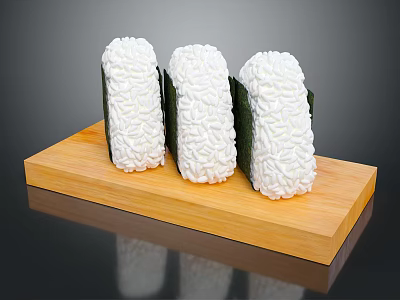 Three Sushi Rolls On Wooden Tray With Rice And Seaweed Wrap 3d model