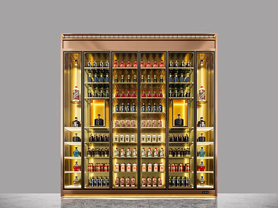 Elegant Wine Cabinet Design With Gold Frame Layered Shelves And Illuminated Wine Bottles 3d model