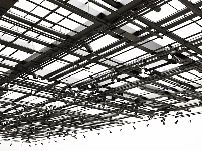 Metal Pipes on Ceiling Featuring Glass Skylights and Complex Interconnected Structure 3d model