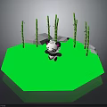 Cute Panda Figure Standing On Green Octagonal Platform With Bamboo Plants Around
