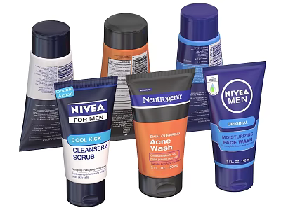 Men's Daily Skincare Essentials With NIVEA Nutrogena Cleanser Scrub Gel Moisturiser And Face Wash 3d model