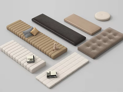 Various Upholstered Bench Seats In Different Colors Textures And Designs With Decorative Items 3d model