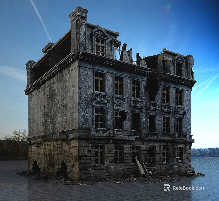Architectural Components of Dilapidated Stone Building With Broken Windows And Decorative Balconies 3d model 