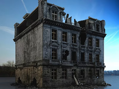 Architectural Components of Dilapidated Stone Building With Broken Windows And Decorative Balconies 3d model