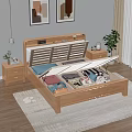 Cozy Bedroom Interior With Wooden Storage Bed Nightstands Table Lamps Wall Paintings And Potted Plant