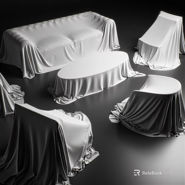 Modern Sofa and Coffee Table Set Covered with White Fabric in Living Room 3d model 