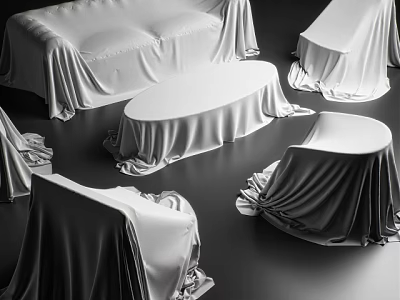 Modern Sofa and Coffee Table Set Covered with White Fabric in Living Room 3d model