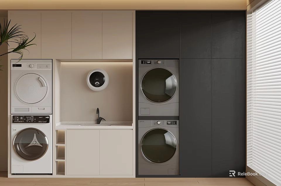 Modern Laundry Room Setup With Washing Machines Dryers Sink And Storage Cabinets 3d model 