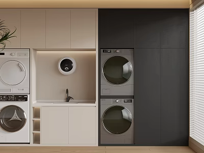 Modern Laundry Room Setup With Washing Machines Dryers Sink And Storage Cabinets 3d model