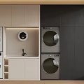 Modern Laundry Room Setup With Washing Machines Dryers Sink And Storage Cabinets