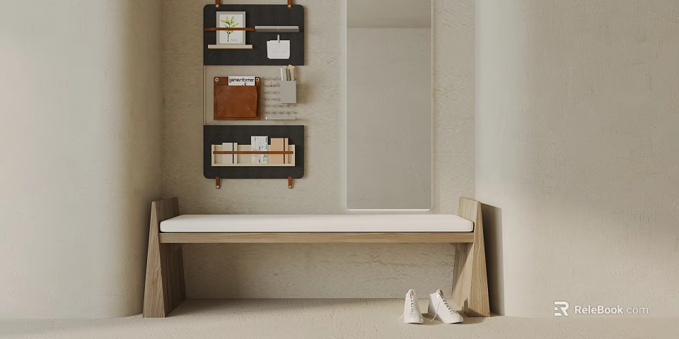 Minimalist Wooden Bench With White Cushion And Wall Shelves In Entryway Near Shoes 3d model 