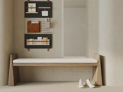 Minimalist Wooden Bench With White Cushion And Wall Shelves In Entryway Near Shoes 3d model