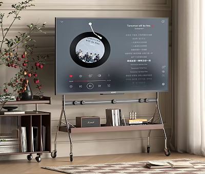 Modern TV Stand Design With TV Soundbar Decorative Plant And Storage Shelves 3d model