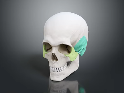 Human Skull Anatomical Model White With Green Highlighted Bone Organ Regions For Medical Study 3d model