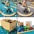 Square Kids Play Rug With Toy Train Tracks City Roads And Wooden Accessories