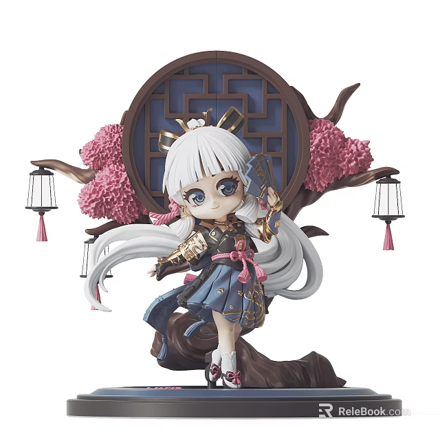 Chibi Figure with Long White Hair Blue Eyes Cherry Blossoms Lanterns and Circular Traditional Window 3d model 