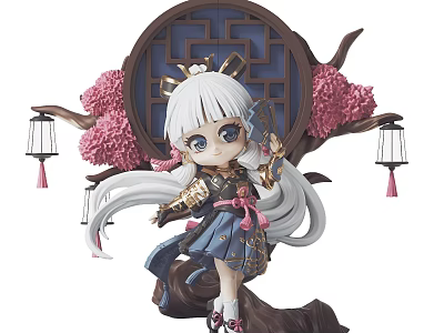 Chibi Figure with Long White Hair Blue Eyes Cherry Blossoms Lanterns and Circular Traditional Window 3d model