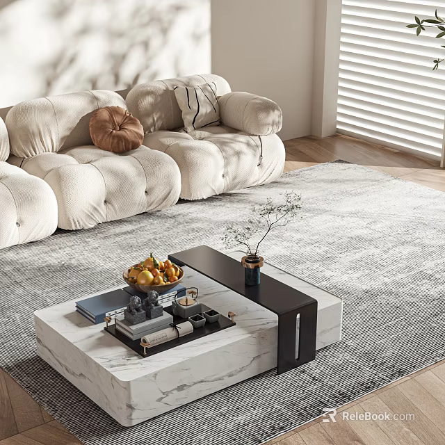 Modern White Marble Coffee Table With Dark Wood Accent For Stylish Cozy Luxury Living Room 3d model 