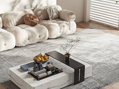 Modern White Marble Coffee Table With Dark Wood Accent For Stylish Cozy Luxury Living Room 3d model
