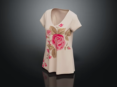 Beige Short Sleeve Top With Pink Rose And Brown Leaf Embroidery 3d model