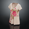 Beige Short Sleeve Top With Pink Rose And Brown Leaf Embroidery