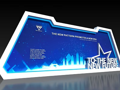 Blue Background Wall With Star Pattern City Silhouette Illuminated Effect And New Future Text 3d model