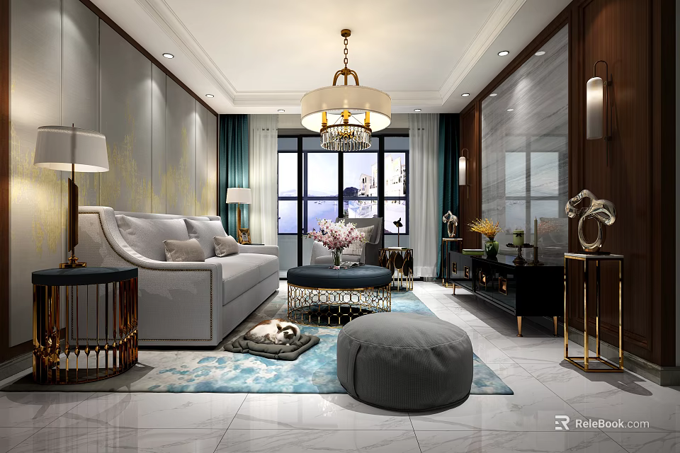 Elegant Modern Living Room Interior With Gray Sofa Chandelier Coffee Table And Rug 3d model 