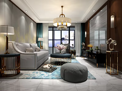 Elegant Modern Living Room Interior With Gray Sofa Chandelier Coffee Table And Rug 3d model