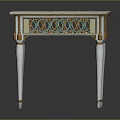 Elegant Square Marble Table With White Legs And Green Gold Decorative Accents