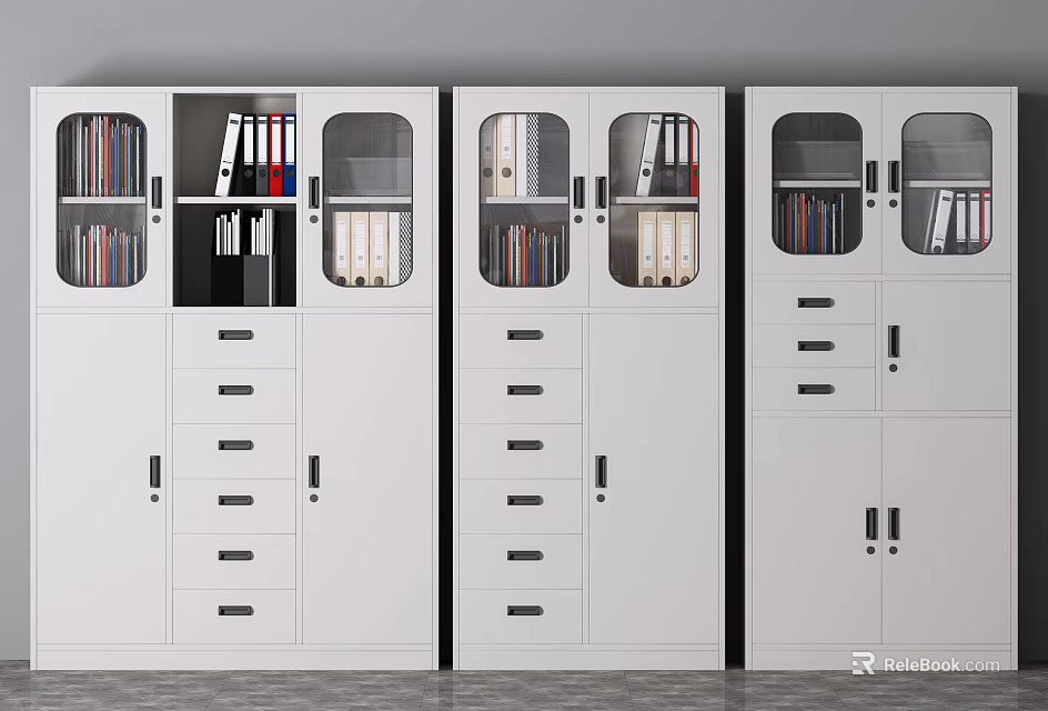 Modern White Bookcase With Glass Doors Drawers And Multiple Storage Shelves 3d model 